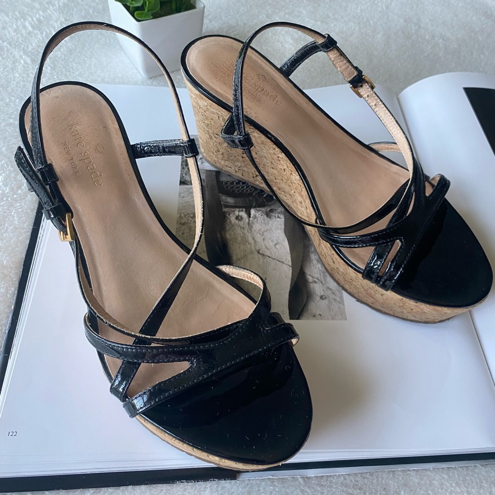 kate spade Black Patent Leather Cork Wedge Sandals - Size 8